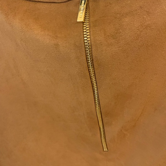 Michael Kors CAMEL FAUX SUEDE SHIFT DRESS Short Sleeve Cuff Pocket - Picture 3 of 5